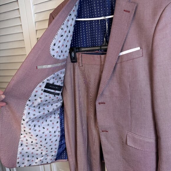 Zara Man Slim Fit Two-Piece Suit cranberry red blazer 40/pant 32 holiday, career - Picture 6 of 12